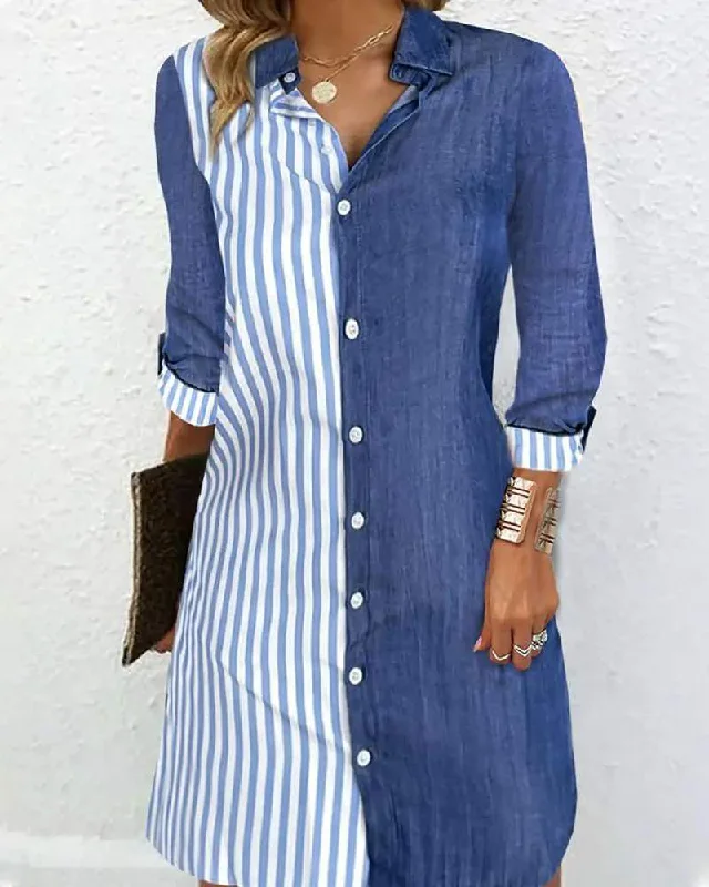 STRIPED COLORBLOCK BUTTONED SHIRT DRESS Pleated Shirt Gown