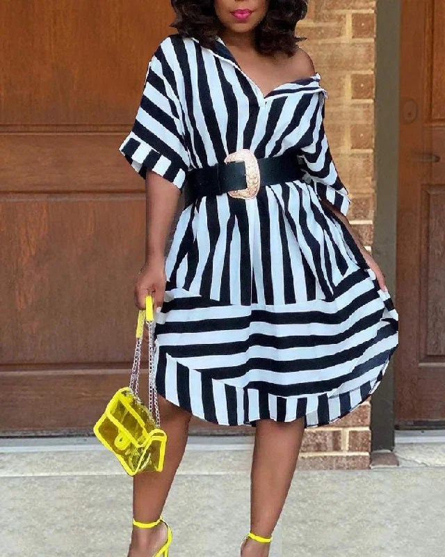 STRIPED PRINT BUTTON FRONT SHIRT DRESS Classic Shirt Gown