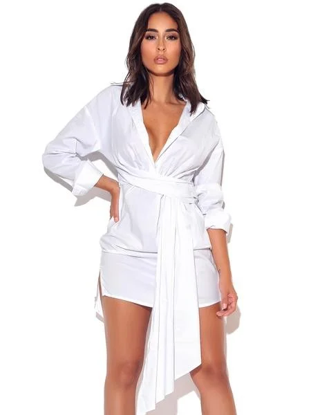 Think of You White Draped Boyfriend Shirt Dress Elegant Button Shirt