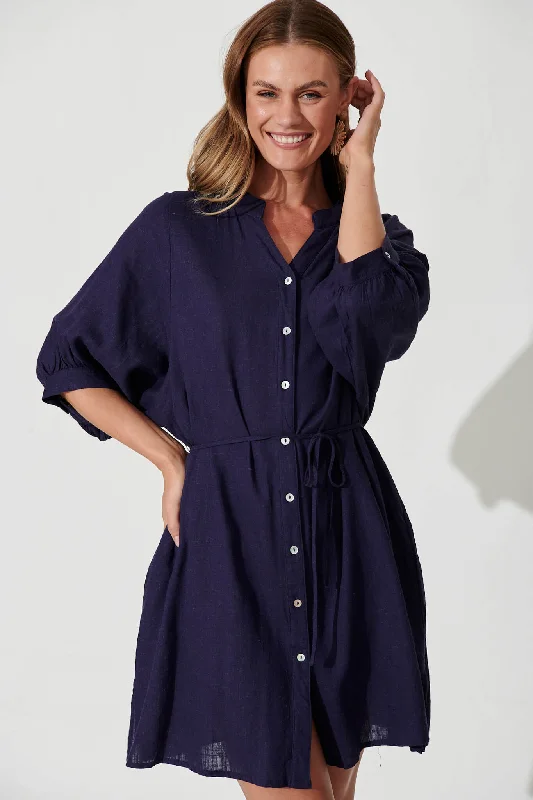 Vanuatu Shirt Dress In Navy Linen Blend Loose Shirt Dress