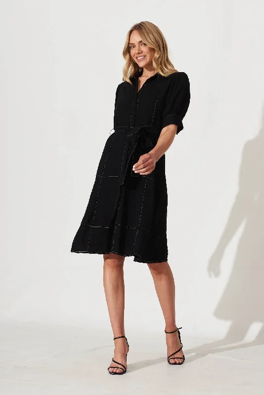 Venus Shirt Dress In Black Linen Blend Boho Shirt Dress