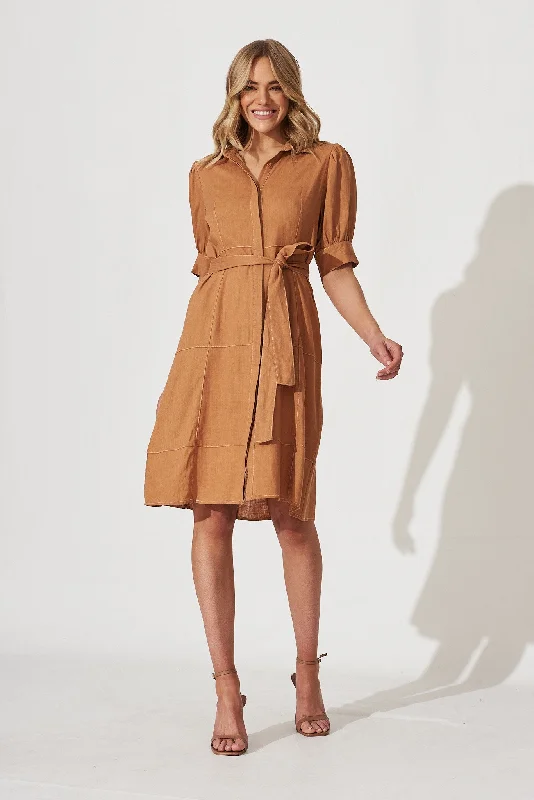 Venus Shirt Dress In Camel Linen Blend Button-up Shirt Dress