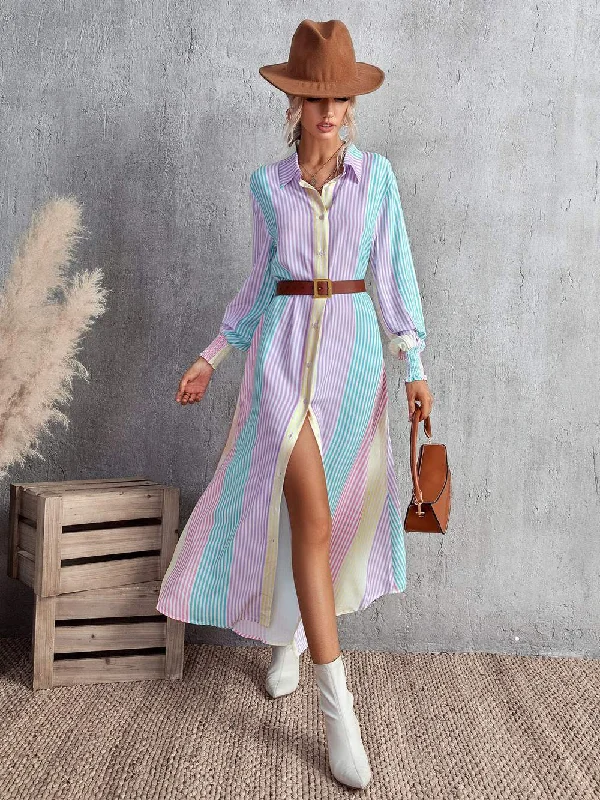 VERTICAL STRIPED SHIRRED CUFF SHIRT DRESS WITHOUT BELT Trendy Shirt Dress