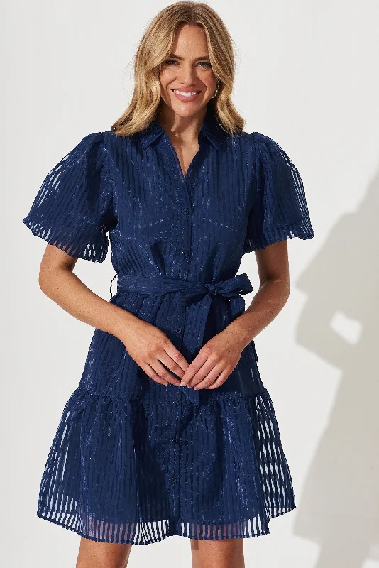 Whitney Shirt Dress In Navy Stripe Organza Elegant Shirt Gown