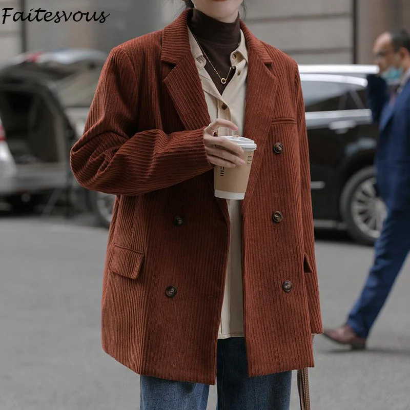 2023 Autumn Corduroy Blazers Women Winter Korean Casual Thick Blazers Female Vintage Loose Double Breasted Jackets Women's edgy jackets