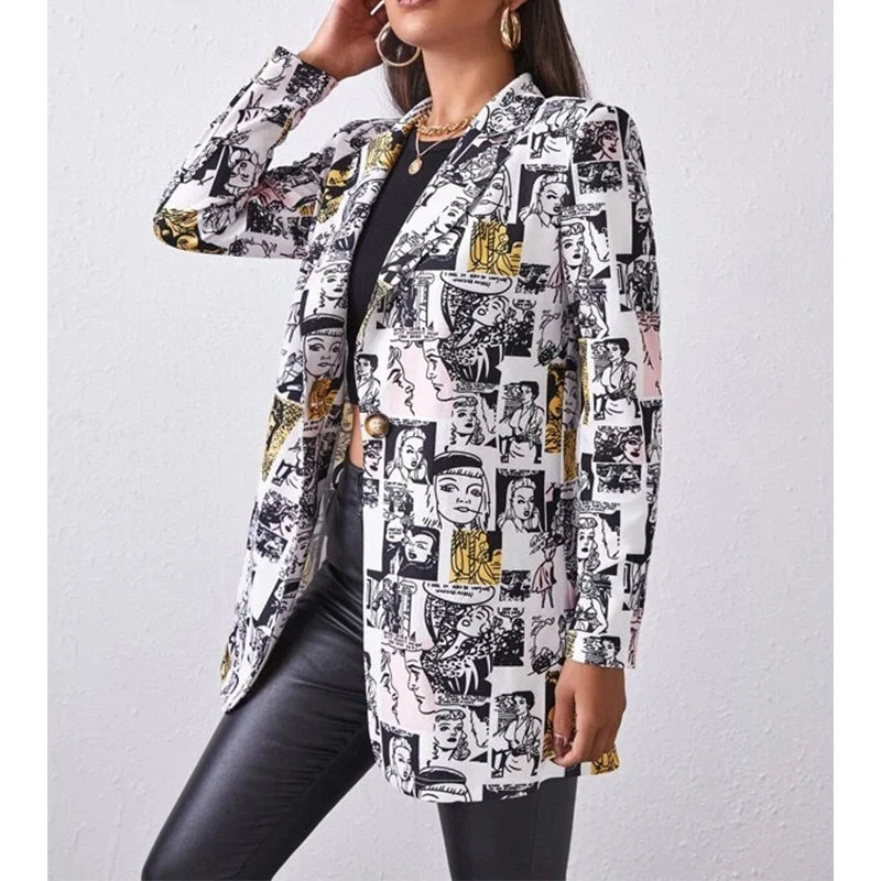 2023 Spring And Autumn Trend Lapel Casual Ladies Cardigan Streetwear Printing Small Suit Jacket Women's Clothing. Women's all-season jackets