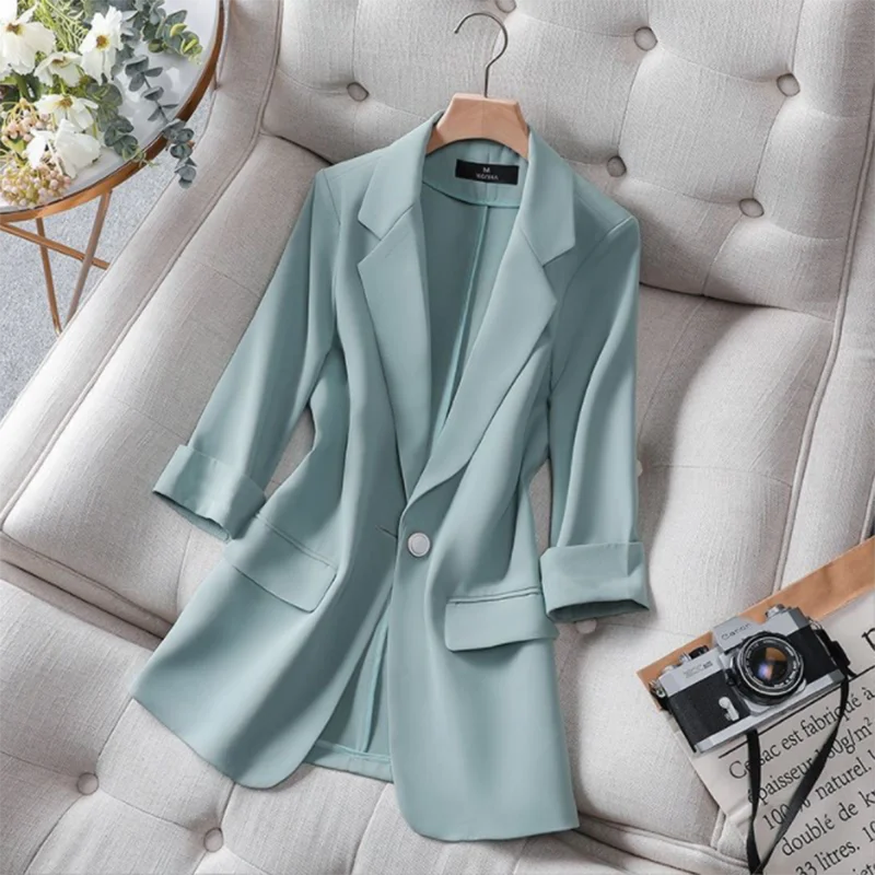 2023 Summer Solid Color Elegant Green Blazer Casual Thin Women Jacket Women's Korean Style V-neck Office Lady Suit Coat Women's luxury jackets