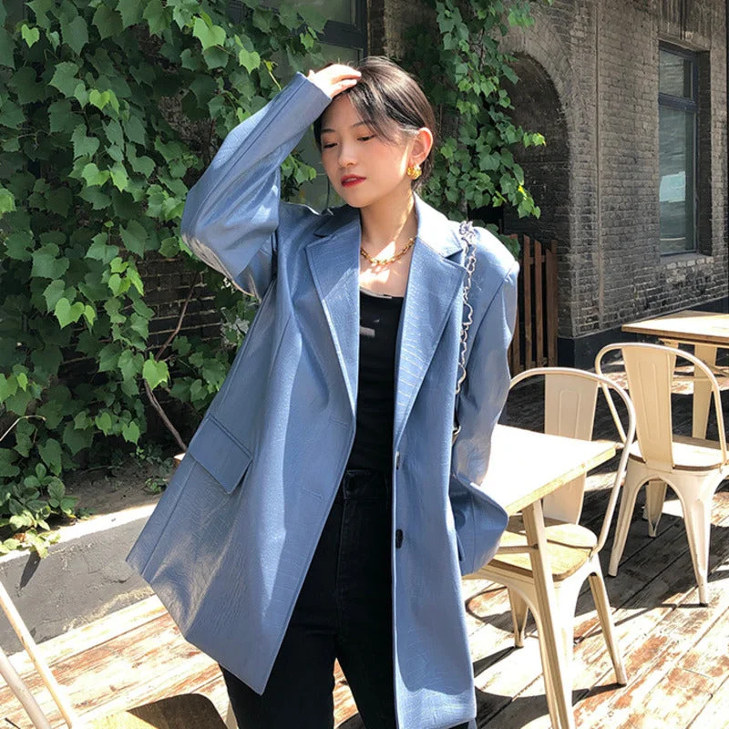 All-match Shiny Blue Crocodile Pattern Faux Leather Blazers Women Long Sleeve Jackets Casual Robe Femme Casaco Chaquetas Women's lightweight jackets