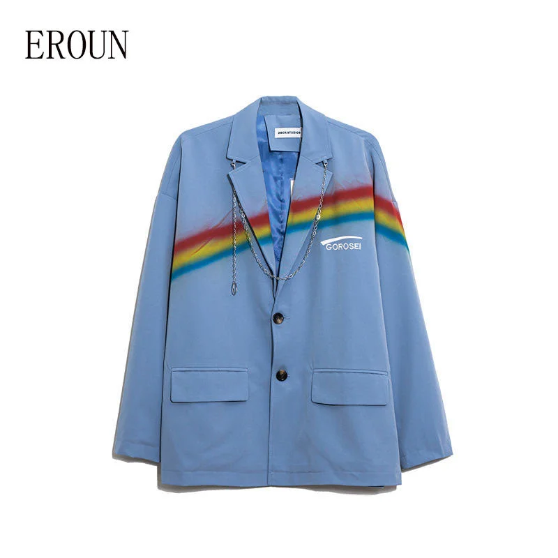 Blazer Women 2023 Spring Rainbow Print Small Suit Female Trend Cool Girl Style Loose Casual Couple Jacket Unisex +Matching Chain Women's minimalist jackets