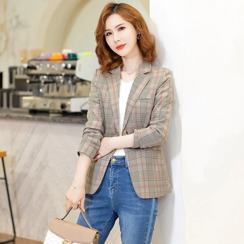 British Style Slim Women Plaid Blazers Preppy Style Vintage Casual 2023 Loose Single Breasted Jacket Women All-match Blazers Women's long jackets