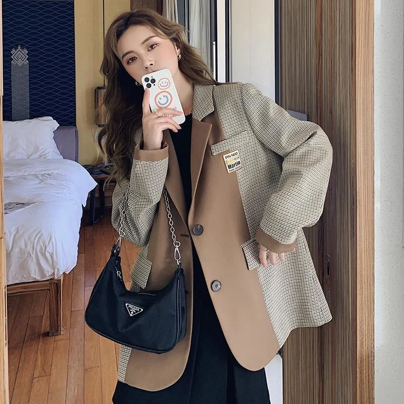 British Style Stitching Plaid Suit Jacket Women's 2023 Spring And Autumn Casual Female Blazer Korean Loose Coat Tops Women's fitted jackets