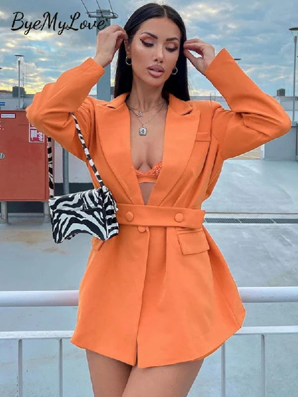 ByeMyLove Blazer Jacket Female Spring 2023 Solid Color Design Lady Women Crop Blazer With Belt Orange Outwear Casual Women's autumn coats and jackets