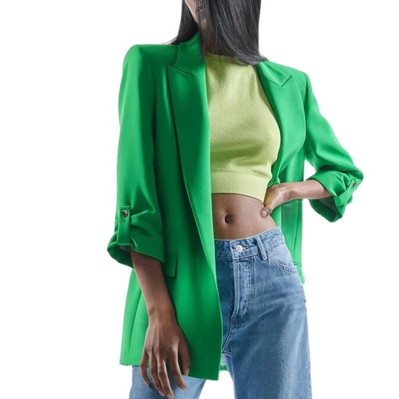 Casual Loose Notched Blazers Women Elegant Green Rollable Sleeve Jackets Women Spring Pockets Straight Suits Ladies Women's sporty jackets