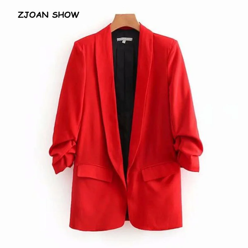 Chic Candy Solid Color Ruched Cuff Mid Long Blazer With Lining Woman Shawl Collar Slim fit Suit Casual Jacket Coat Outerwear Women's casual jackets