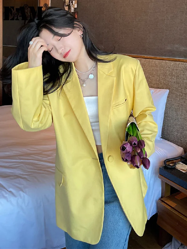 [EAM]  Women Yellow Brief Big Size Casual Blazer Lapel Long Sleeve Loose Fit Jacket Tide Spring Autumn 2023 1DE0153 Women's Adidas jackets