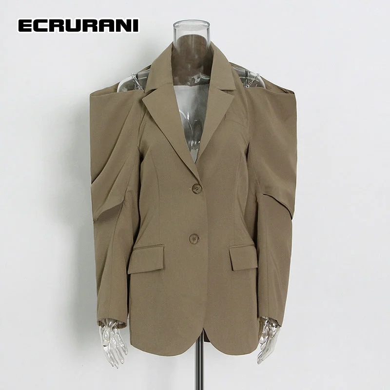 ECRURANI Cut Out Elegant Jackets For Women Notched Long Sleeve Gathered Waist Casual Blazers Females Clothing 2023 Style Women's ski jackets