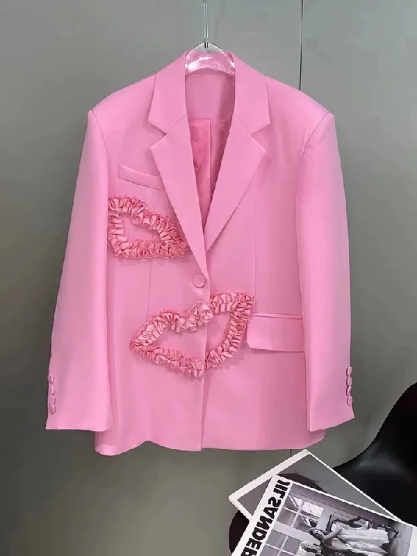 High-End Design Love Ruffles Pink Suit Jacket for Women 2023 Spring Korean Style Loose Casual Oversized Blazer Coats Tops Women's denim jackets