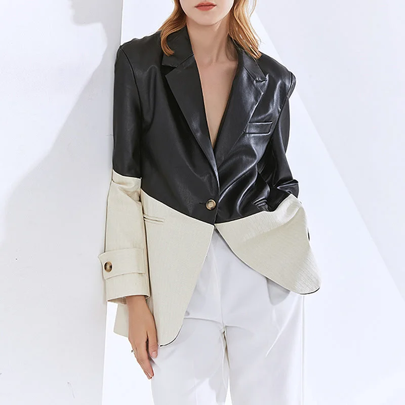 Jacket Blazer Women 2023 Temperament Casual Suit Collar Contrast Color Loose Stitching PU Leather Suit Jacket Women's transitional jackets