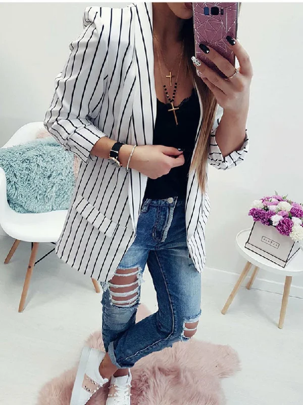 Jacket Women Sexy Cardigan Long Sleeve Striped Small Suit Black and White  Blazer Women  Suit Blazer Casual Office Lady Coats Women's leather jackets