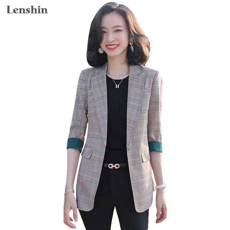 Lenshin Plaid Jacket for Women Summer Wear Female Casual Style Coat Half Sleeve Blazer Contrast Sleeve Tops Outwear Women's Columbia jackets