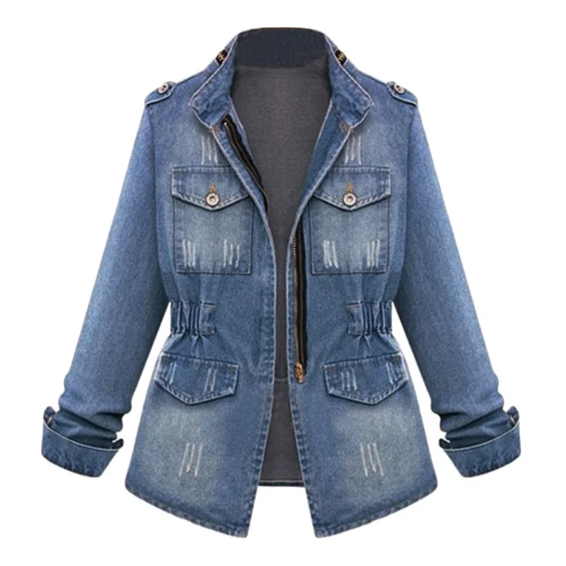 LIBIELIY Blue Jean Denim Jacket Women Oversized Coat Nice Plus Size Casual Ladies Denim Oversize Jeans Chain Jacket Pocket Coat Women's puffer jackets