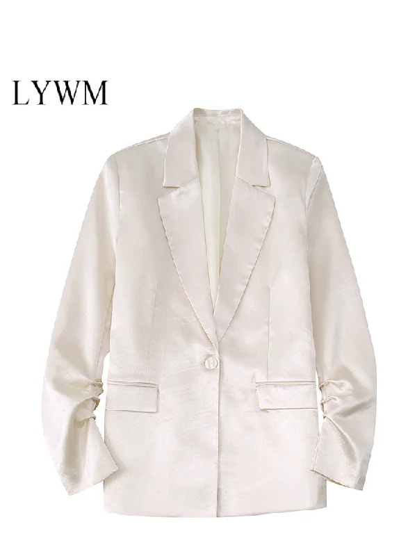 LYWM Women Outwears Satin Casual Blazer Jacket Single Button Notched Neck Vintage Female Chic Outfits Mujer Women's hooded jackets