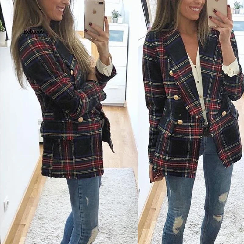 Office Lady Double Side Woolen Cardigan Plaid Double-breasted Blazer Jacket  Female Casual Coats Plaid Ladies Outerwear Women's cotton jackets