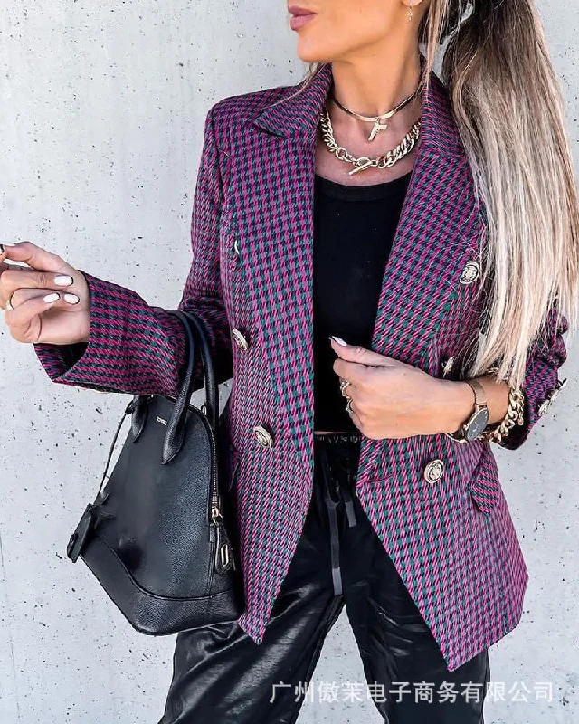 Plaid Women's Suit Jacket Office Casual 2023 Spring Summer Lapel Long Sleeve Double Breasted Straight Purple Plaid Jacket Women's Adidas jackets