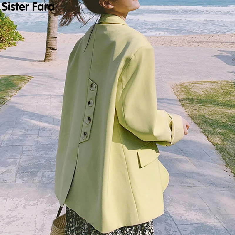 Sister Fara Solid Back Buttons Split Blazer Women's Spring Jacket Coat Double Breasted Loose Blazers Ladies Autumn Casual Blazer Women's vintage jackets