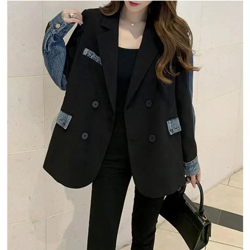 Spring Autumn Women Denim Splicing Casual Blazer Vintage Lapel Double Breasted Long Sleeve Loose Female Suit Jacket Women's wedding guest jackets