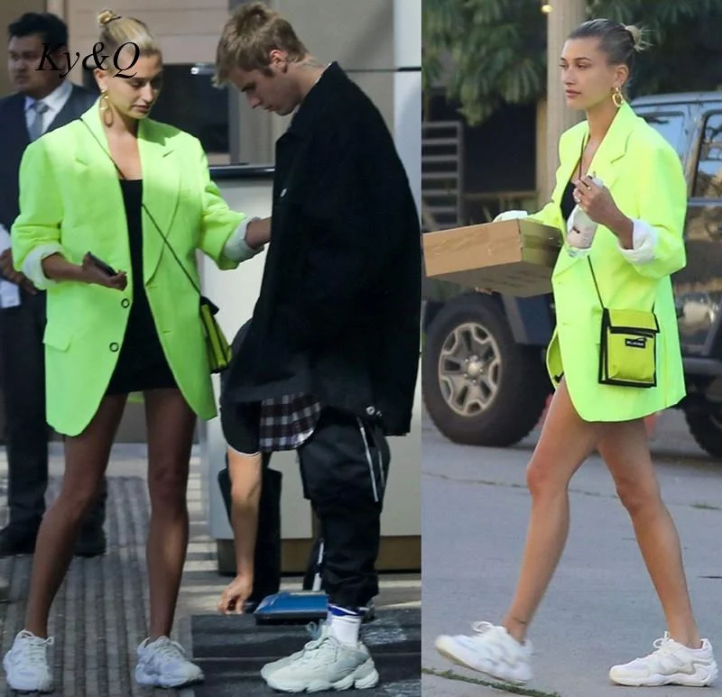 Star Hailey Bieber The Same Fluorescent Green Casual Trend Suit Coat Women's 2023 Autumn Single-Breasted Jacket Blazer Women's thermal jackets