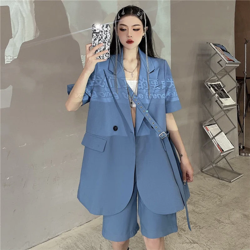 Summer 2023 Korean Women Notched Collar Single Button Lacing Blue Blazers Loose Short Sleeve Casual Suit Jacket Female Outerwear Best women's jackets for rain