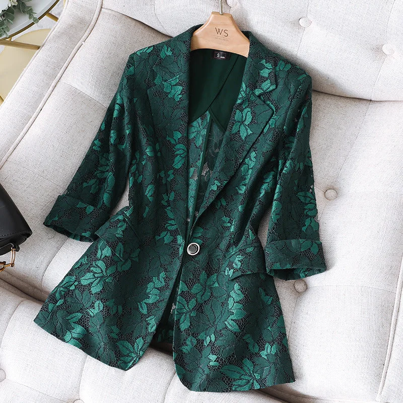 summer coat lace suit coat women's green medium sleeve thin Korean hollow out casual suit Flower Top suit blazer  green jacket Women's breathable jackets