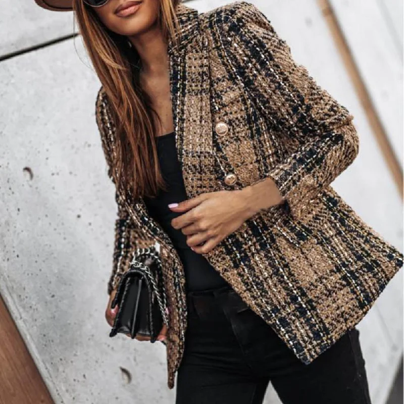 Thin Suit Lady Long-sleeved Blazer Casual Double-breasted Check Blazer Slim Fit Office Lady Elegant Chic Jacket Street Coat Women's evening jackets