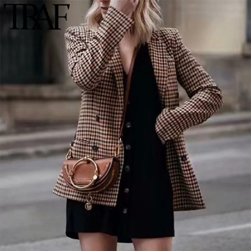 TRAF Women Retro Double Breasted Plaid Blazer Office Lady Long Sleeve Slim OL Blazer Casual Jacket Coat Female Women's warm jackets