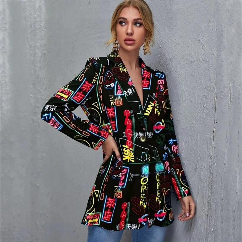 Vintage Black Japan Print Notched Single Button Blazer Women Coat Harajuku Casual Street Elegant Lady Jacket streetwear Women's fall jackets