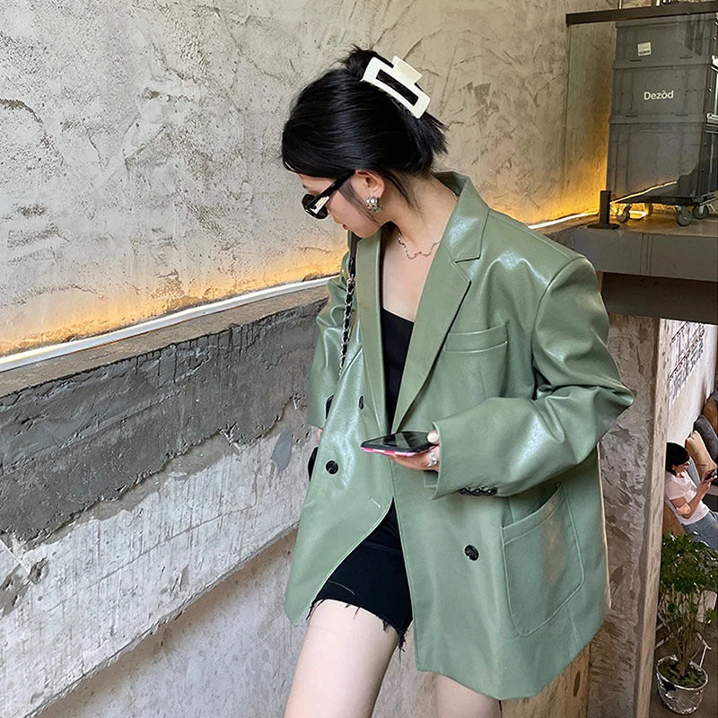 Vintage Women Bean Green Faux Leather Blazers Autumn Loose Casual Notched Collar Big Pocket Long Sleeve Suit Jacket Veste Femme Women's all-season jackets