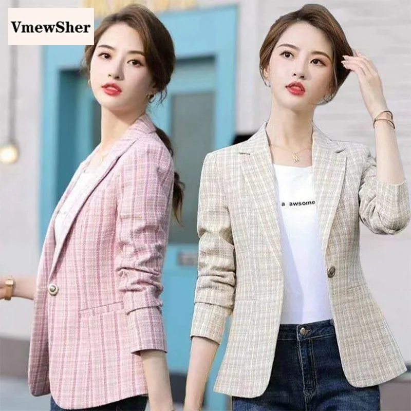 VmewSher Elegant Autumn Women Casual Plaid Blazer Slim Single Button Long Sleeve Lady Chic Pink Short Jacket Cute Outwear Women's leather jackets