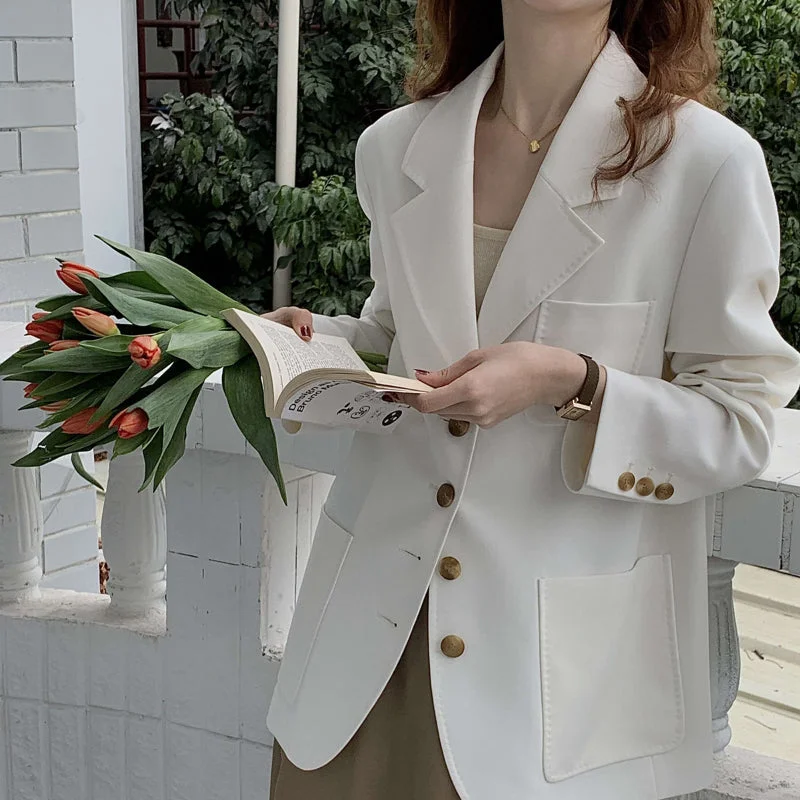 White casual suit loose solid color temperament commuter mid-length single-breasted straight spring women's jacket Women's premium jackets