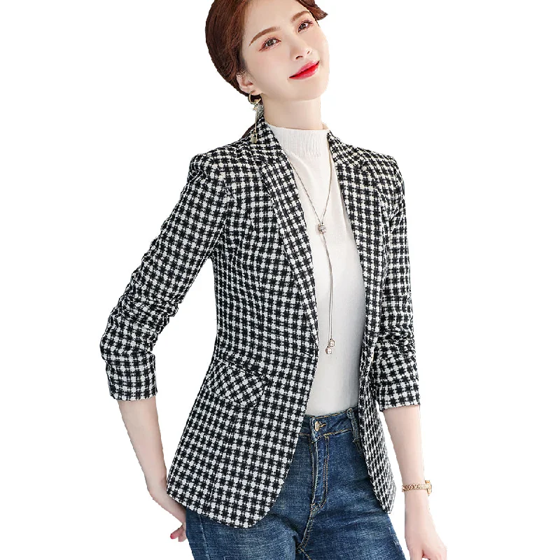 Woman Slim Yellow Black Plaid Blazer  Female Autumn Winter Outwear Casual Single Button Jackets Coat Traje Women's cycling jackets