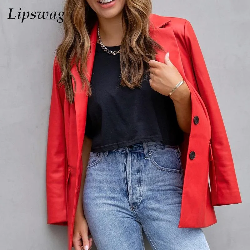 Women's Long Sleeve Leather Suit Outwear 2023 Casual Loose PU Coats Elegant Turn-down Collar Pocket Loose Blazer Jackets Women's cotton jackets