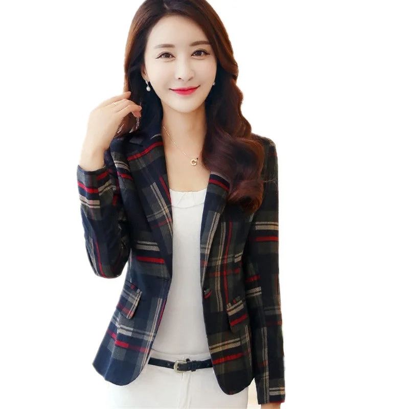 Women's Plaid Blazer and Jacket Slim Female Long Sleeve Short Suit Jacket One Button Casual Office Blazer Femme Women's thermal jackets