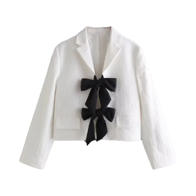 Zach AiIsa Summer Lapel Collar Contrast Bow Slim Fit Short Casual Straight Long Sleeve Texture Suit Jacket Women's work jackets