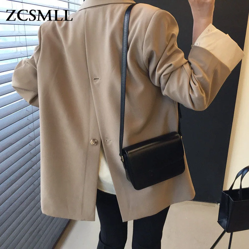 ZCSMLL  Temperament Turn-down Collar Black Casual Coat Back Slit Button Loose Long-sleeved Korean Autumn Winter Jacket Women Women's polyester jackets